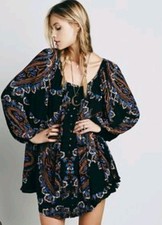 Free People Mini Dress Womens M Flowy Loose Fit Boho Floral Hippie Buttondown