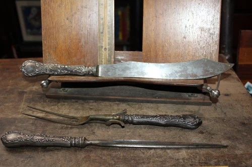 Antique Sterling Silver Handle 3 Piece Carving Set Knife Fork Gorham 462.5 g