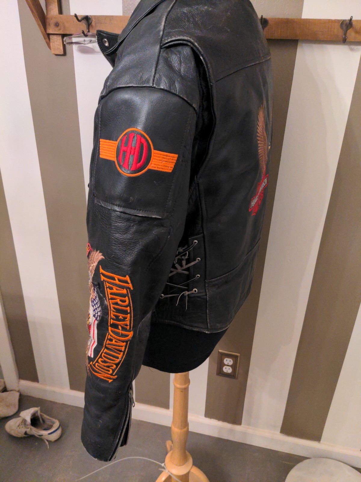 Very Rare harley-davidson leather jacket mens XL  Embroidery Patches Black Biker image 9