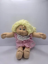 86' Cabbage Patch Kids Doll Blonde Hair Blue Eyes Pink checkered dress