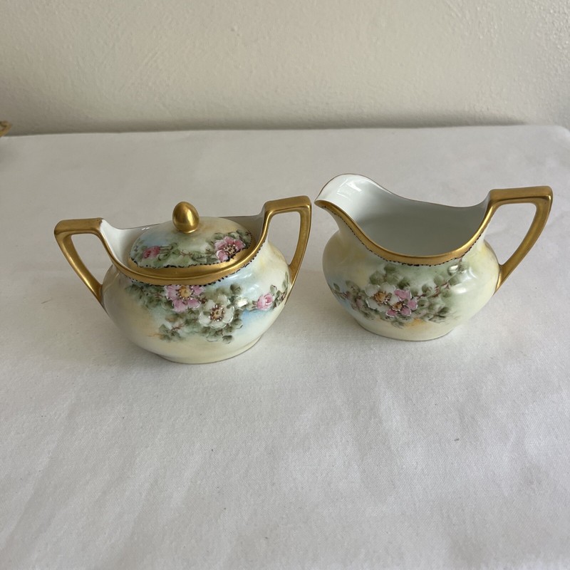 Antique RS German Hand Painted Covered Sugar And Creamer.