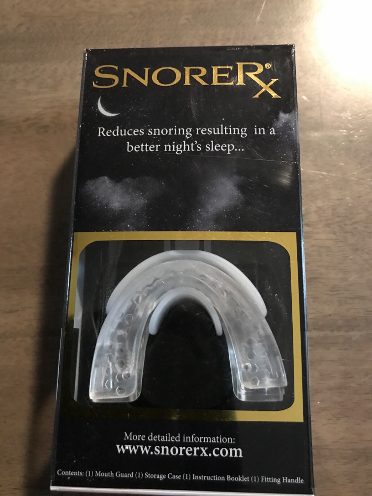 SnoreRx mouth guard with storage case & handle fitting reduces snoring