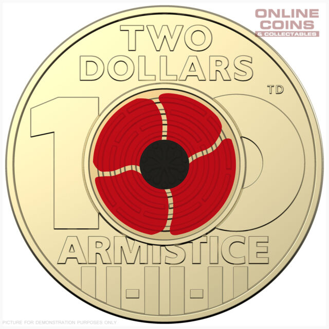 2018 REMEMBRANCE DAY ARMISTICE CENTENARY $2 COLOURED COIN in Uncirculated Grade
