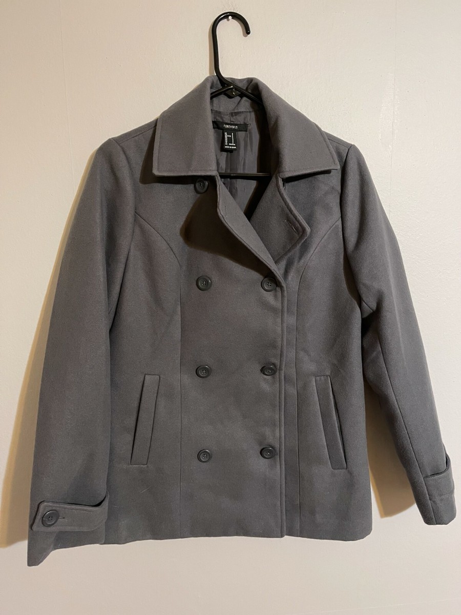Forever 21 F21 Polyester Light Gray Pea Coat Jacket Coat - Women's