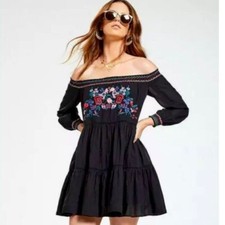 Free People Sunbeams Black Floral Embroidered Off the Shoulder Mini Dress Size S