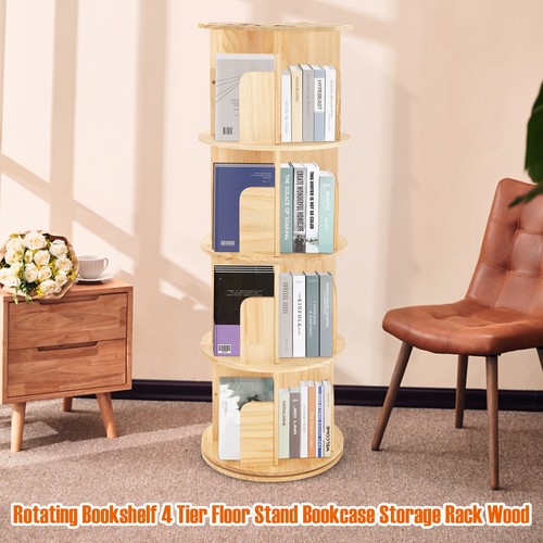 4 Tier Bookshelf Rotating Bookcase 360 Display Floor Stand Storage Shelving Wood