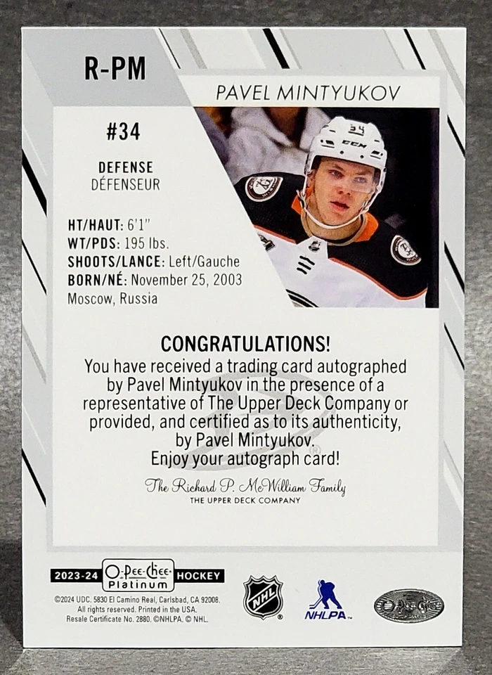 2023-24 O-Pee-Chee Platinum Rookie Autographs #R-PM Pavel Mintyukov - Image 2 of 2
