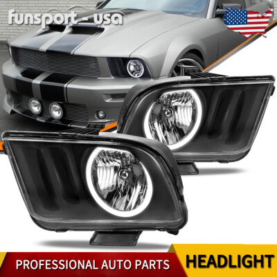 Pair Headlights Assembly For 2005-2009 Ford Mustang Black LED DRL 