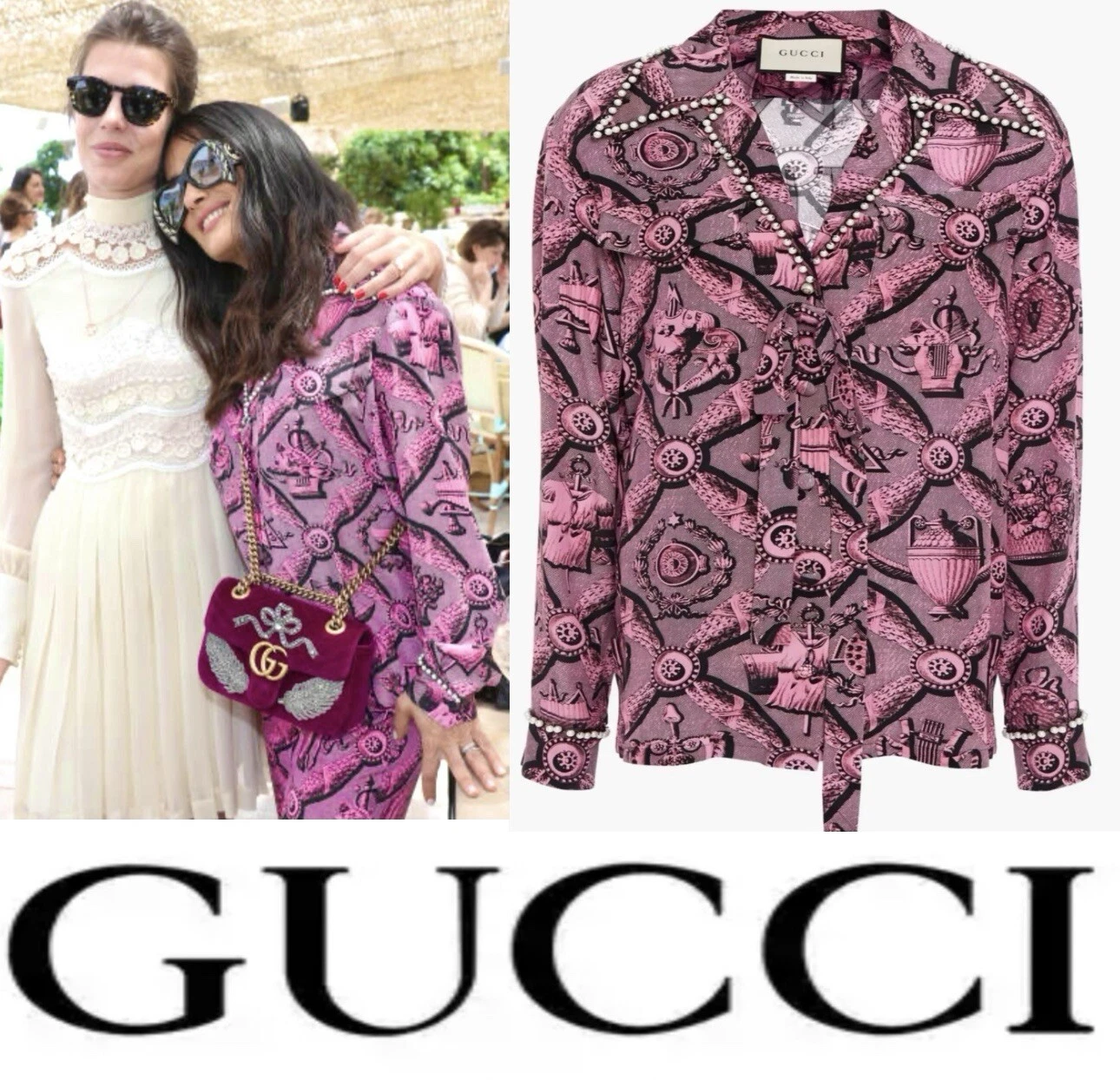 4K Nuova Gucci 2017 Rosa Barbie Logo Perla Giacca 40 42 44 4 6 8 T Shirt Top S M L