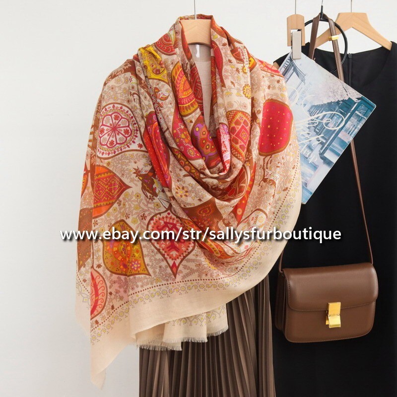 Sallys 200s Cashmere Thin Scarf Wrap Shawl Leaves Print Soft
