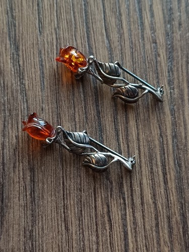 Pair Of Sterling Silver Brooch With Inset Amber Hallmarked 925 Roses Vintage - Picture 3 of 8