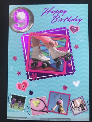 Karte 9. Geburtstag Mädchen Alter 9, Rollschuhe, Sport, 7'' x 5''