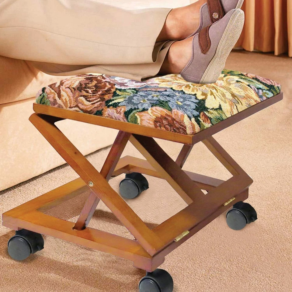 Footrest Adjustable Elevated Footstool Ottoman Tapestry Covered Fold-Away Otoman - Image 2 of 4