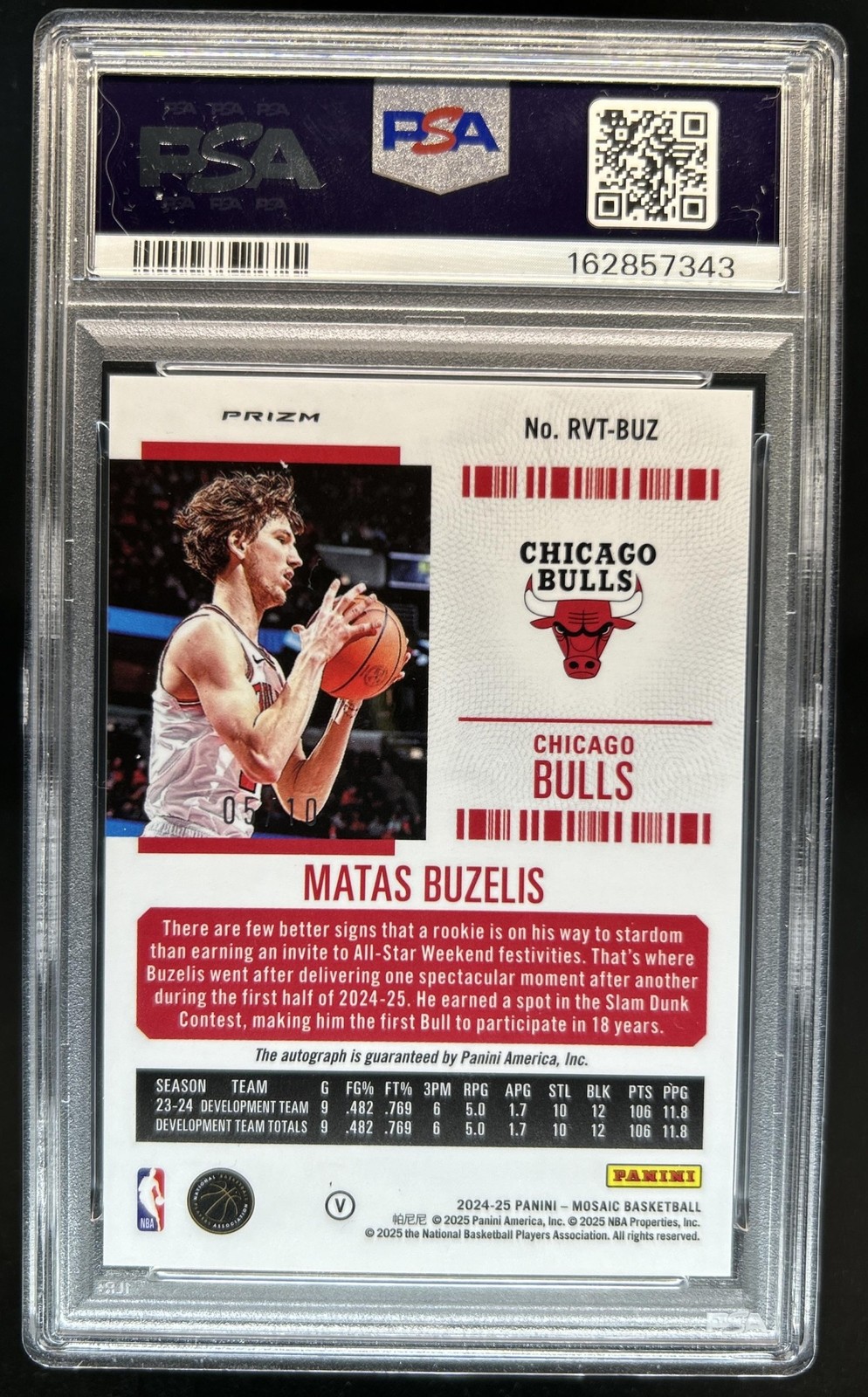 2024-25 Mosaic Matas Buzelis Contenders Optic Rookie SP Gold Auto #/10 PSA 10 view 2