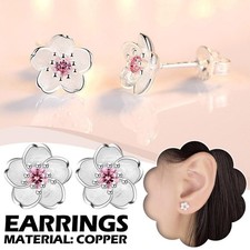 Pink Crystal Flower Earrings Stud Silver Women Girls P3I7 K Jewellery Gift K3L7