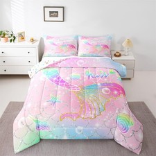 Mermaid Comforter Set Twin Size for Kids Girls Rainbow Pink Mermaid Tail Prin...