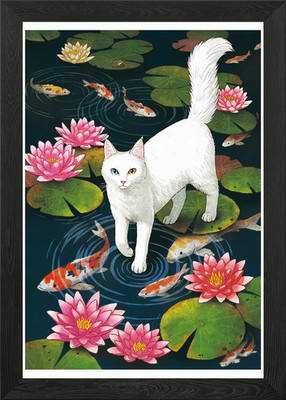 Weiße Katze im Koiteich Illustration gerahmtes Wandbild Poster Leinwanddruck Bild