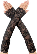 Long Fingerless Lace Gloves f/ Women Elbow Length Floral Wedding Tea Party Black