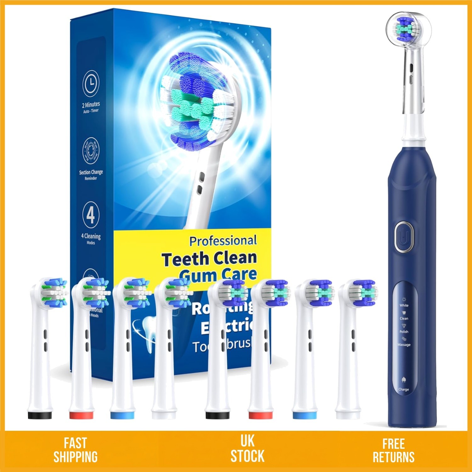 Rechargeable Rotating Electric Toothbrush 4 Modes with 8 Brush Heads Deepblue