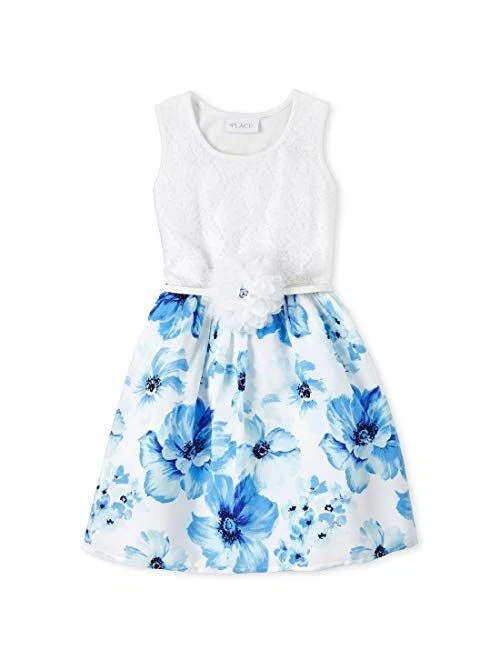 Children's Place Girls Dress XL 14 White Blue Floral Sleeveless Flower Accent