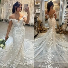Sexy Mermaid Wedding Dresses Off Shoulder Lace Applique Sweep Train Bridal Gowns