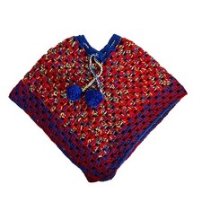 Handmade Vintage Poncho Kids Poncho Cape Drawstring Pom Pom Heavyweight Shawl
