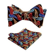 Men's Bow Tie Black with Colorful Paisley With Matching Handkerchief Self Tie