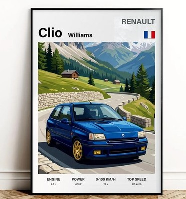 Renault Clio Williams Poster Wall Art | European Classic Decor | Car Guy Gift