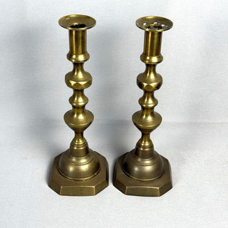 Antique Pair Queen Anne Brass Candle Sticks Holders 10"