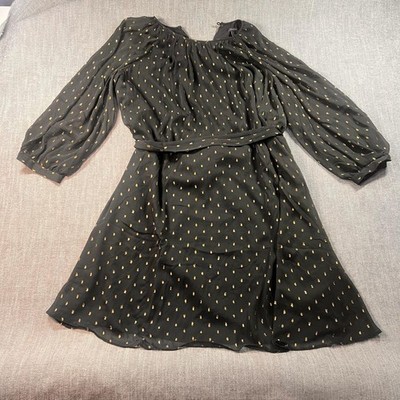 Ann Taylor Dress W XXL Black Gold Metallic Dot Chiffon Fit Flare 3/4 Slv Belt