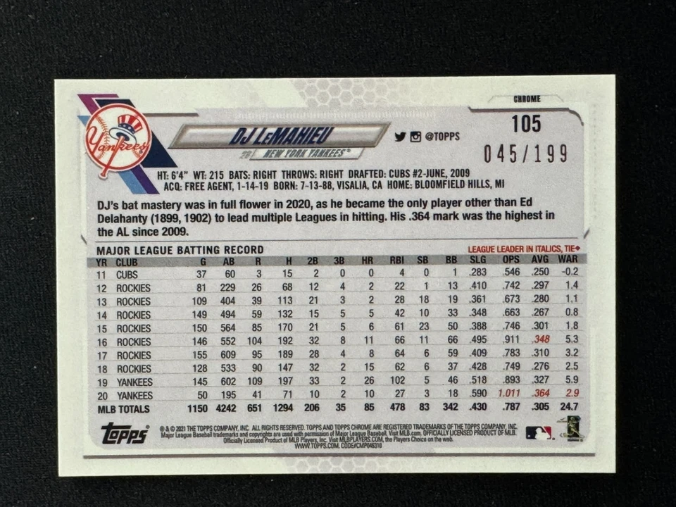 2021 Topps Chrome #105 DJ LeMahieu New York Yankees Aqua /199 NrMt - Image 2 of 2