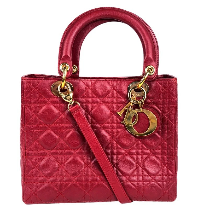 Christian Dior Lady Dior Cannage Tote Bag Red Gold Charm Lambskin Leather  Japan