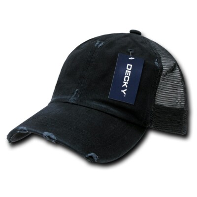 New Decky 110 Distressed Trucker Hat Blank Curved Bill Snapback Low Crown Black