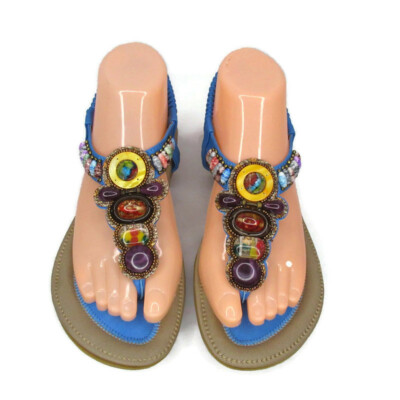 Siketu 38 Blue Sandals Thong Style Beading Jewels US