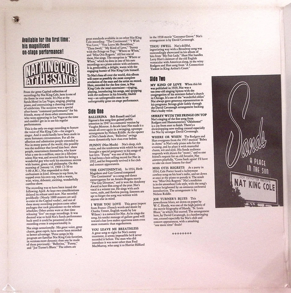 NAT KING COLE AT THE SANDS CAPITOL MAS 2434 GATEFOLD EXCELLENT VINYL LP 188-89 - Image 3 of 4