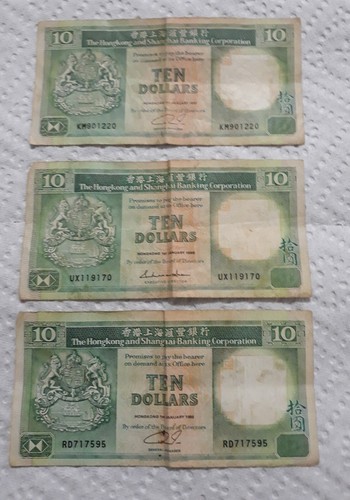 BANCONOTE DA DIECI DOLLARI "3" HONG KONG. 1988, 1991, 1992. CIRCOLATO. - Foto 1 di 2