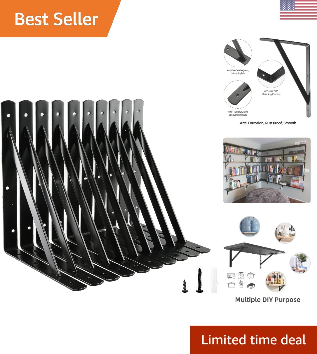 Heavy Duty 10x8 Inch Metal Shelf Brackets 90 Degree Triangle Support  