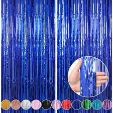 Dark Blue Foil Fringe Curtains 2 Pack 3.3x9.9ft Tinsel Party Backdrop