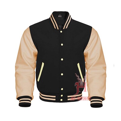 Varsity Jacke Schwarz Wolle Creme Leder Unisex Retro College Letterman