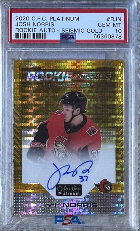 2020-21 OPC PLATINUM GOLD PRISM AUTO /25 JOSH NORRIS RC PSA 10