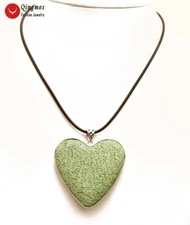 48mm Natural Green Lava Rock Heart Pendant Necklace for Women 17‘’ Leather n6493