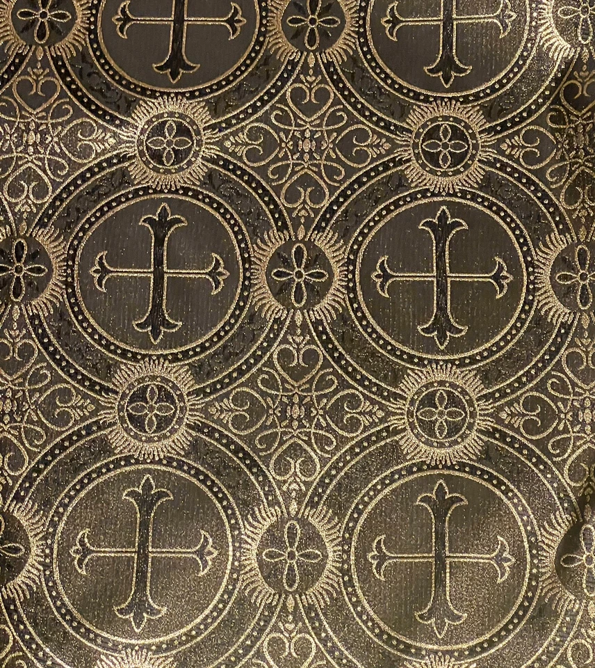 Tecido brocado cruz igreja metálico ouro preto 60” largura vendido por jarda - Imagem 2 de 3