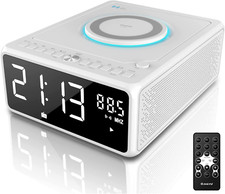 CD Player Boombox with Remote, Dual Alarm Clock Radio, Wireless Charger, Bluetoo