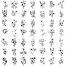 50 Sheets Tiny Branch Black Flower Temporary Tattoos for Women Girl Floral Bouqu