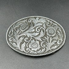 Vintage Floral Engraved Belt Buckle Western Silver Tone Oval Scroll 3in