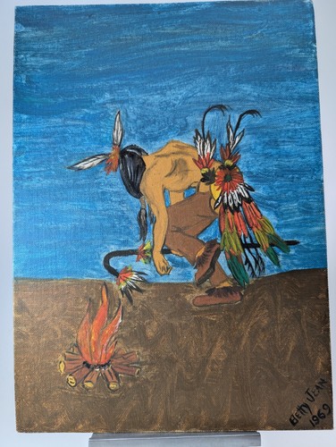 Vintage 1969 2er Set Primitive Indianer Motiv Gemälde von Betty Jean - Bild 22 von 23