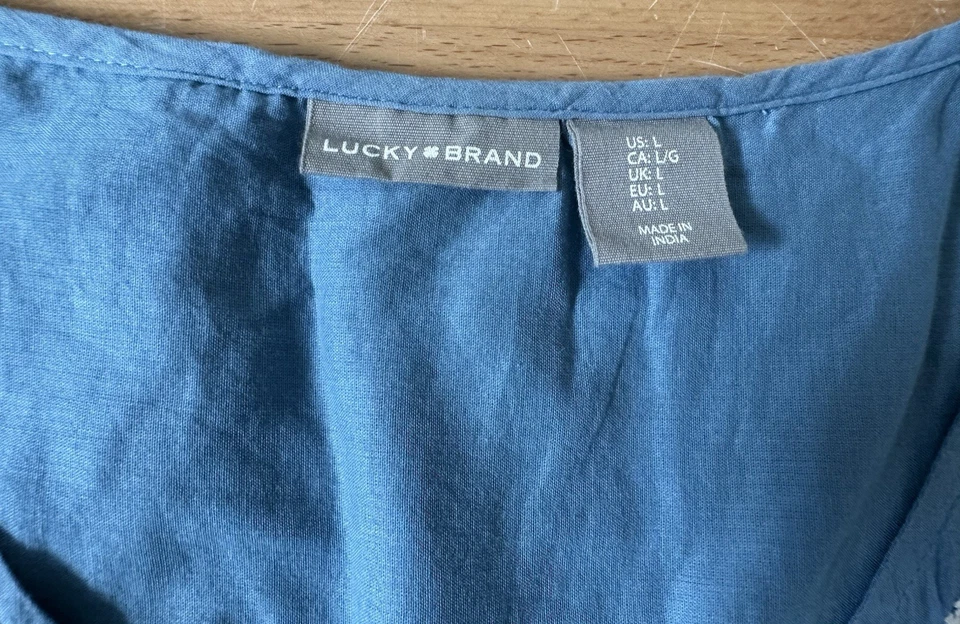 Lucky Brand Women Blue Midi Floral Embroidered Tiered Ruffle Peasant Dress Large - Image 4 of 4