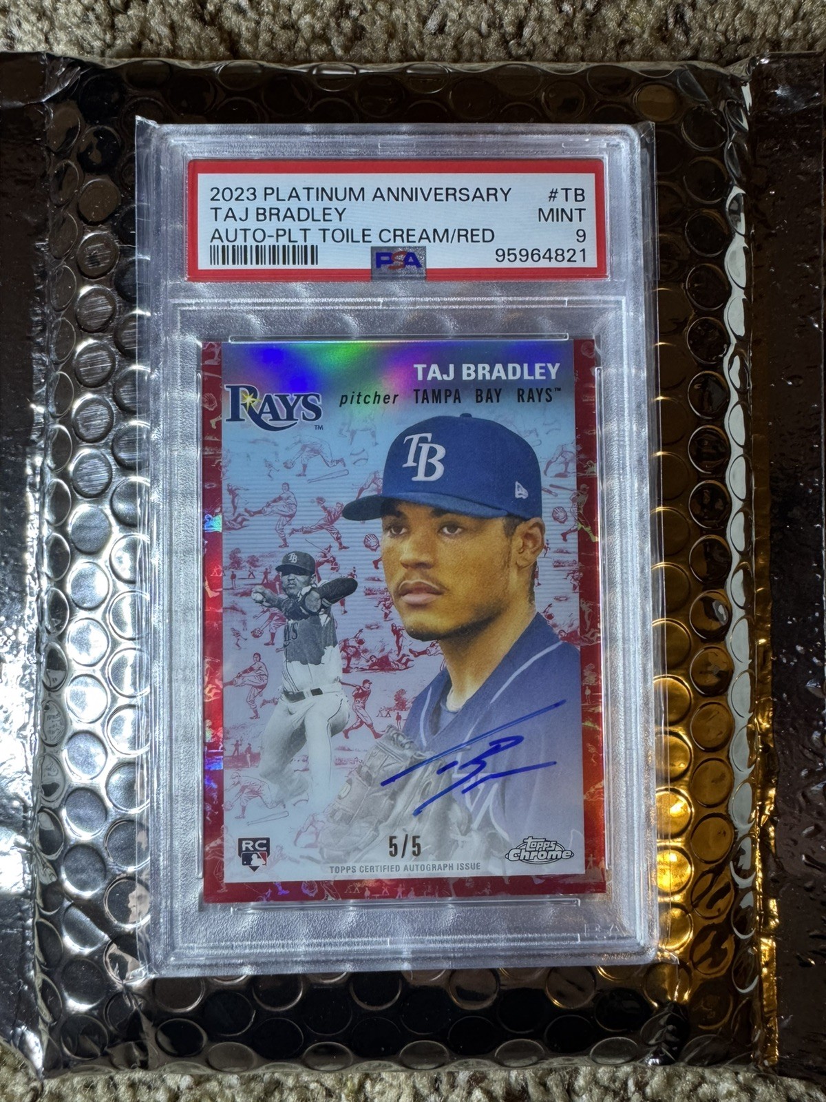Taj Bradley PSA 9 Rookie Auto /5 : 2023 Topps Chrome Platinum Red Toile 5/5 RC