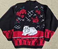 Vintage 80s Women's Spunky Cat Roses Holiday Novelty Sparkle M Sweater USA Made