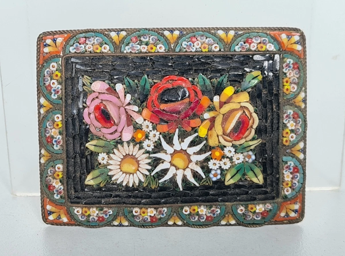 Bracelet Ancien Micro-mosaïque Italien – Roses Sur Laiton Perlé – Occasion